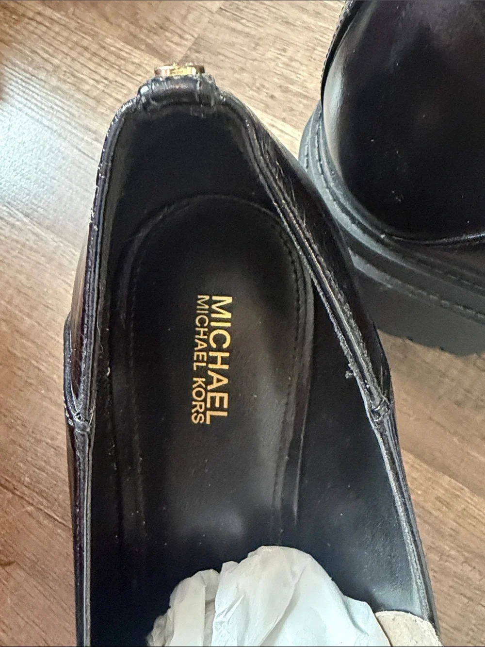 NWOB Michael Kors Black Leather Penny Loafers with Gold Logo Accent